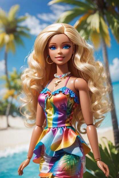 Photo barbie doll in beautiful rainbow dress on a tropical beach