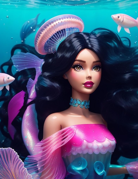 barbie doll blackhair mermaid fish jellyfish