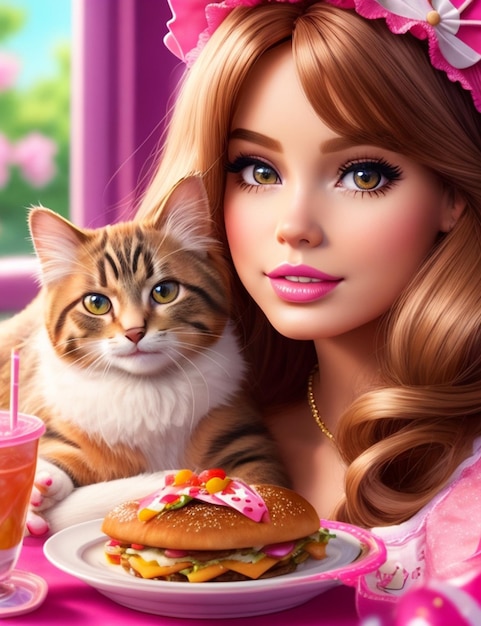 barbie doll brownhair food cat