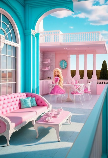 Barbie doll house balcony with pink furniture generative ai