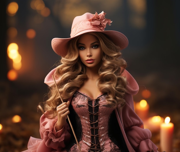 Barbie doll in a pink witch outfit Halloween