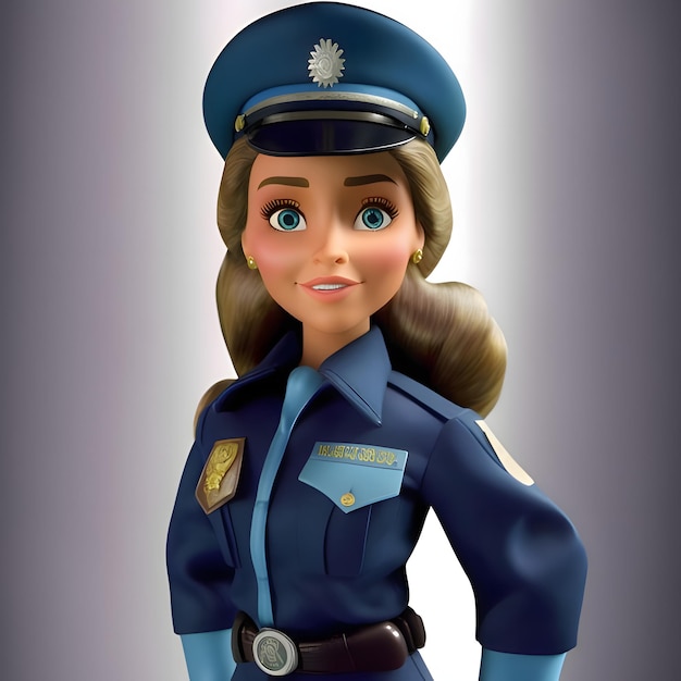 Barbie doll in a police uniform on a gray background