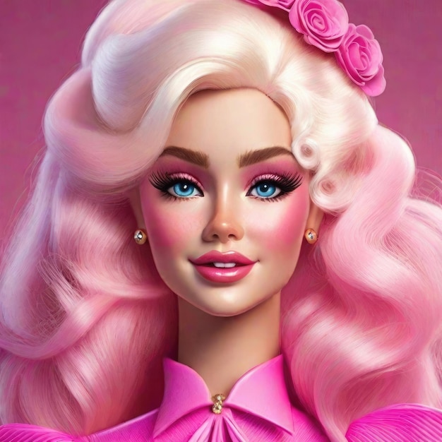 Barbie doll portrait in rose 3d rendering