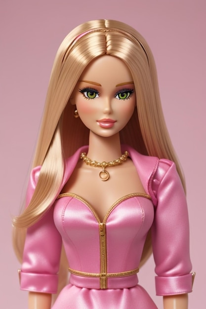 a barbie doll wearing a pink dress with gold trim