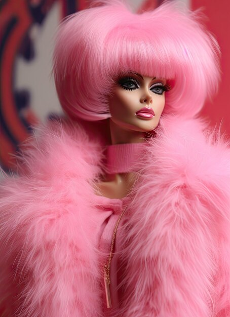 Photo a barbie doll wearing a pink fur coat and black eyeliners with an american flag in the background