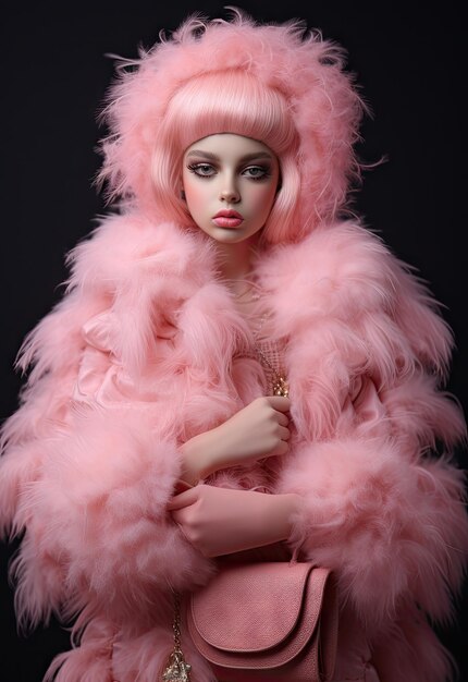 Photo a barbie doll wearing pink fur coat and holding a handbag in front of her on a black background