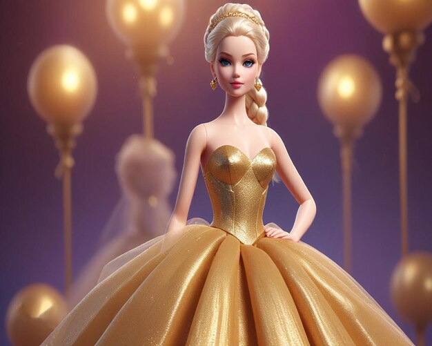 Photo a barbie doll with a gold dress and a gold ball in the middle