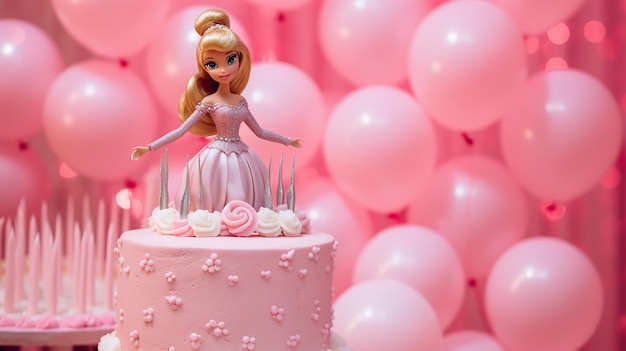 Barbie doll with pink cake and pink balloons