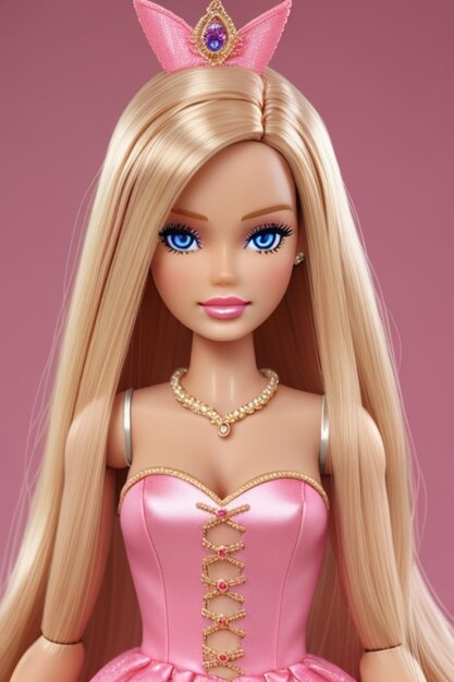 a barbie doll with a pink dress and gold chain.