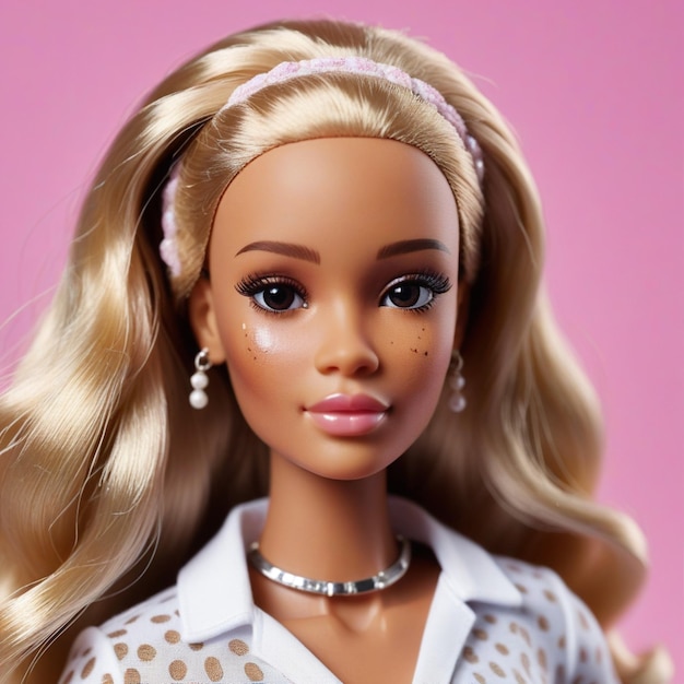 Photo a barbie doll with a pink face and a white shirt with a flower pattern on the front