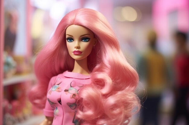 a barbie doll with pink hair and a pink dress.