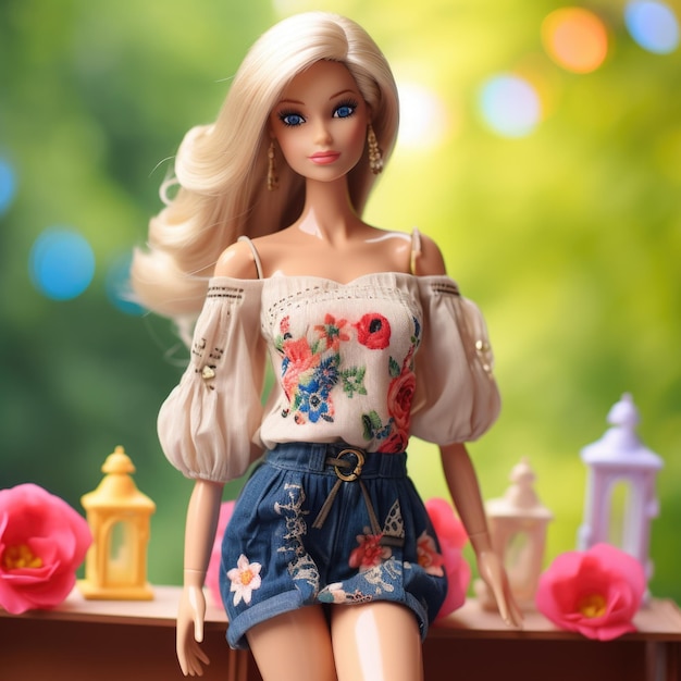 Barbie in Embroidered peasant dress with distressed shorts and ankle boots Generative AI