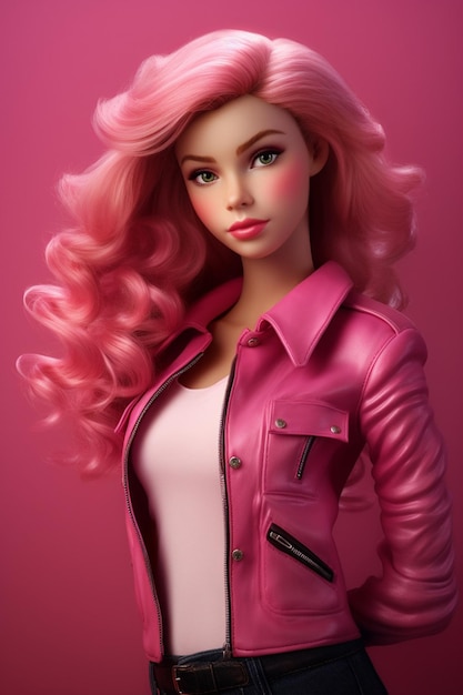 Barbie is wearing a beautiful pink and white outfit with her hair styled beautifully