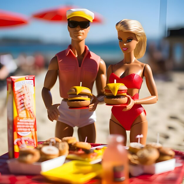 Barbie and Ken in swimsuits on the beach with hamburgers in their hands in front of the food table