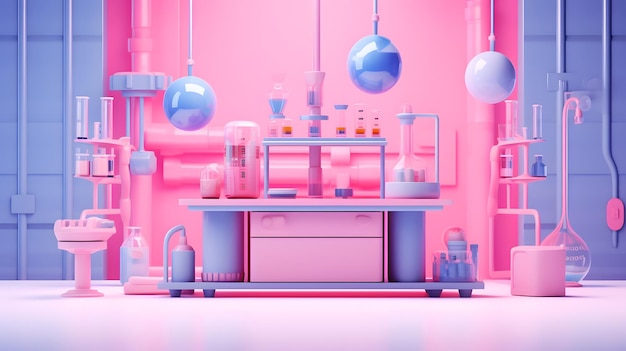 Barbie pink laboratory glassware with blue liquid on pink background