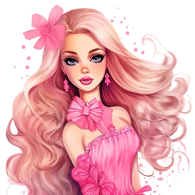 Barbie Watercolor style white background pink outfit