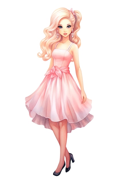 Barbie Watercolor style white background pink outfit