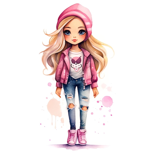 Barbie Watercolor style white background pink outfit