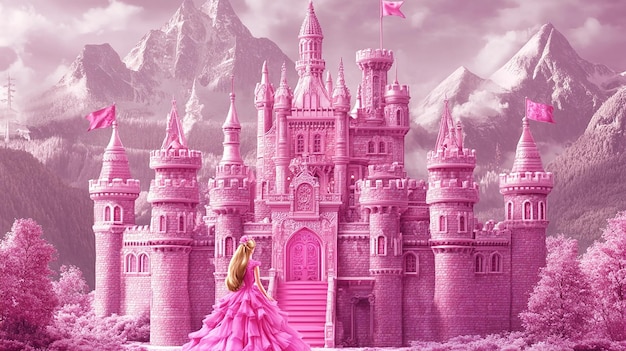 Photo barbies pink princess castle a sticker depicting barbie in front of a majestic pink castle with