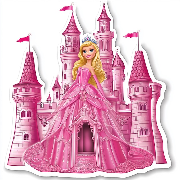 Photo barbies pink princess castle a sticker depicting barbie in front of a majestic pink castle with