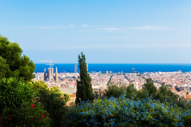 Barcelona, Catalonia, Spain, September 21, 2019. The view of Barcelona from the Park of Guell was designed by the architect Antoni Gaudi.