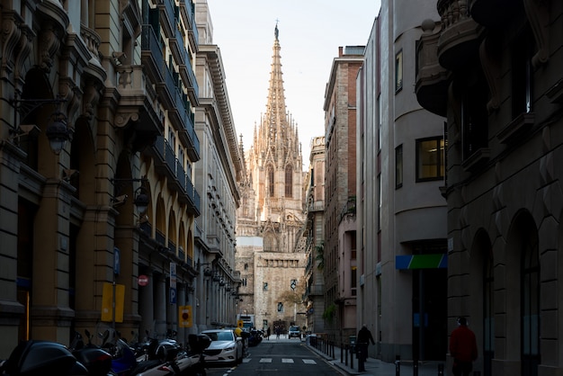 Barcelona Cathedral during sunrise, Barri Gothic Quarter in Barcelona, Catalonia, Spain.