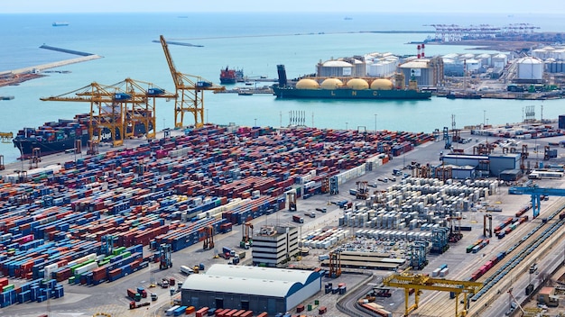 Barcelona, Spain - April 8, 2019: Industrial Port for freight transport and global business. Gas tanker on loading