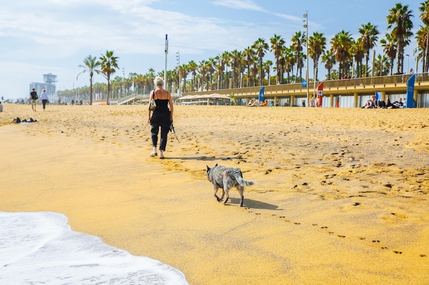 BARCELONA SPAIN OCTOBER 15 2018 Woman walking with dog on the Barcelona beach Summer vacations travel Barceloneta on sunny day Tourists relaxing