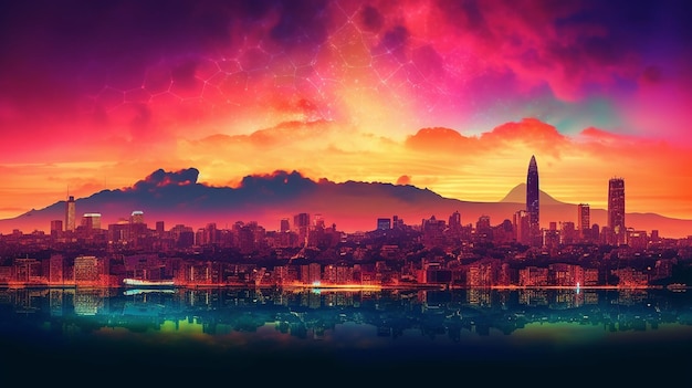 Barcelona Spain skyline landscape Synthwave vapor wallpaper Generative AI