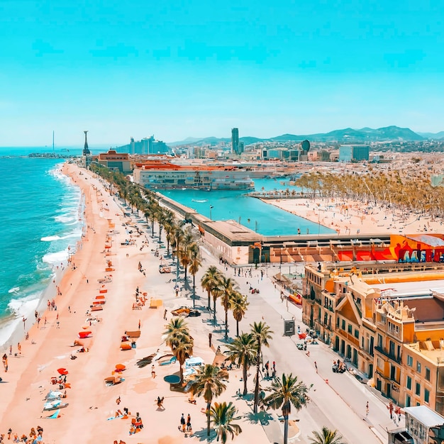 Barceloneta beach in Barcelona birdseye view Spain