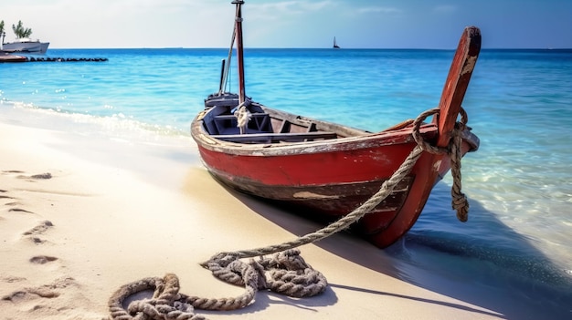 Barco vermelho em praia linda e paradisaca