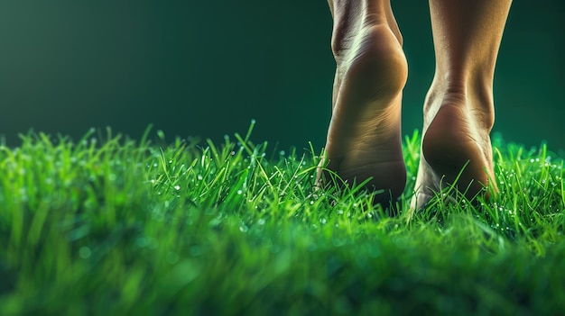 Bare feet walking on vibrant green grass with a soft focus background