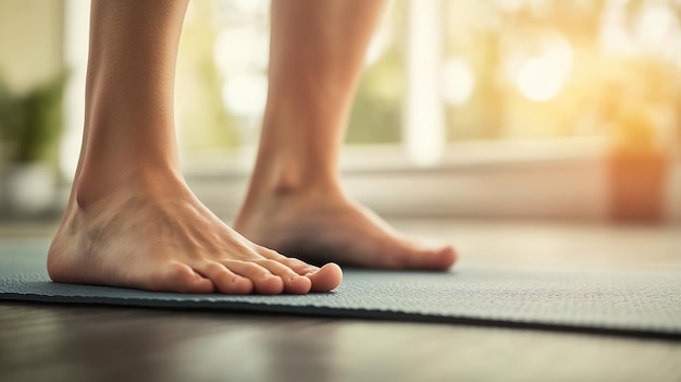 Bare feet on yoga mat warm sunlight wellness concept