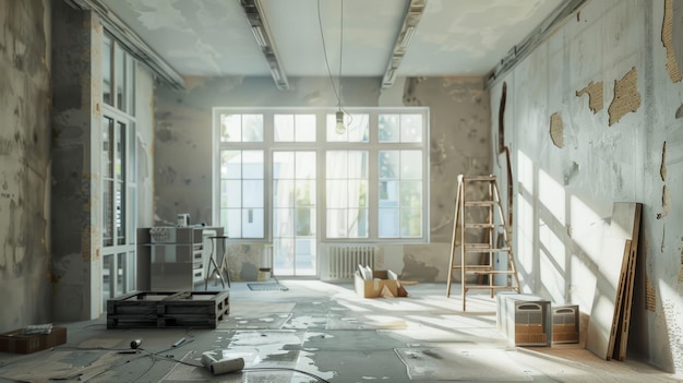 Photo a bare room under renovation with tools ladders and construction materials scattered illuminated by bright natural light from large windows