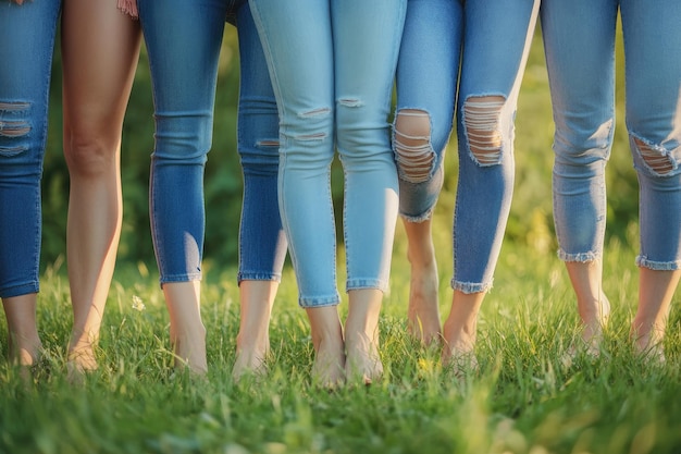 Barefoot legs of female group in jeans