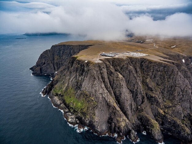 Barents Sea coast North Cape (Nordkapp) in northern Norway aerial photography.