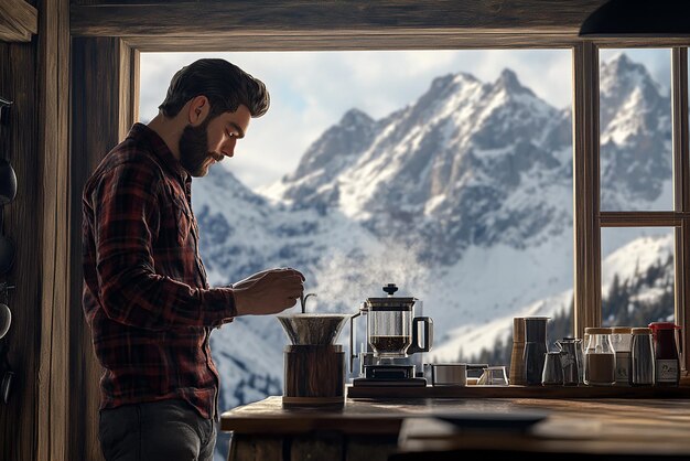 Photo barista brewing coffee in a remote mountain cabin