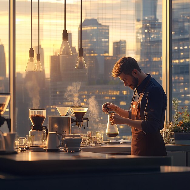 Barista Brewing Coffee in a Rooftop Caf