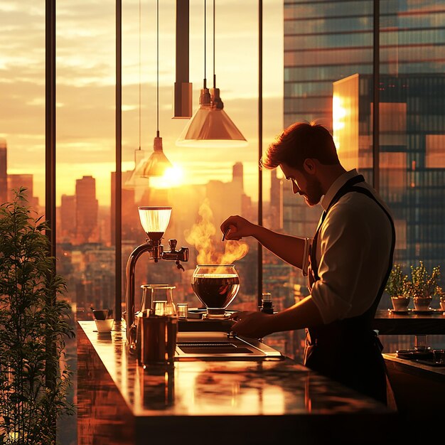 Barista Brewing Coffee in a Rooftop Caf