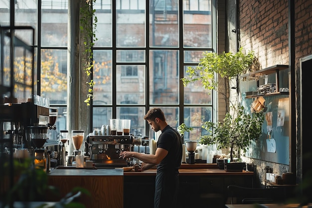 Photo barista brewing coffee in a stylish urban caf with expansive windows and text space on the left