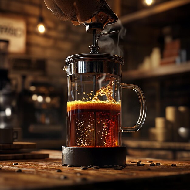 Photo barista brewing a french press coffee