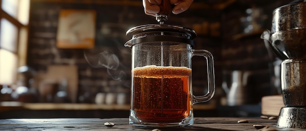 Photo barista brewing a french press coffee