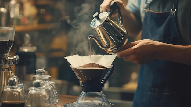 Photo barista brewing fresh coffee in a cozy cafe using a pourover method with steam rising in a warm atmosphere