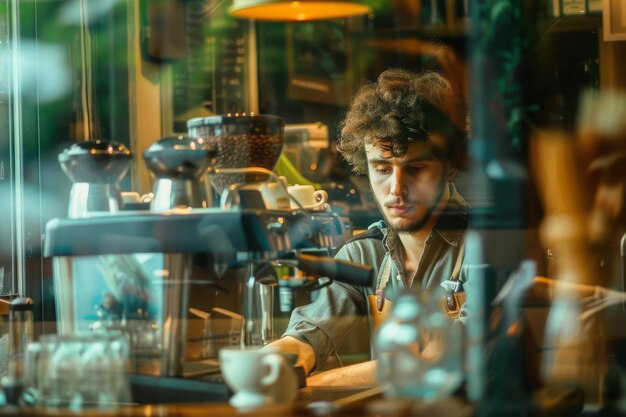 A barista in a coffee shop window