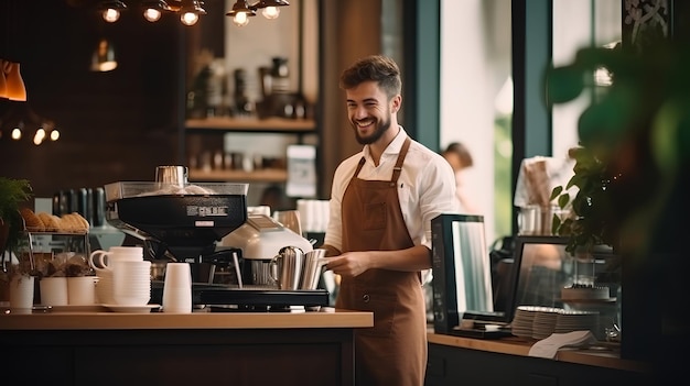 A Barista Behind the Counter of a Coffee Shop Makes Coffee