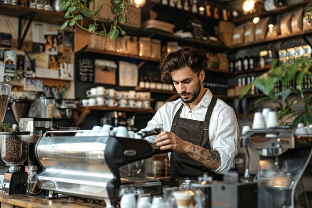 Barista in a Cozy Cafe with Wooden Shelves and Warm Lighting