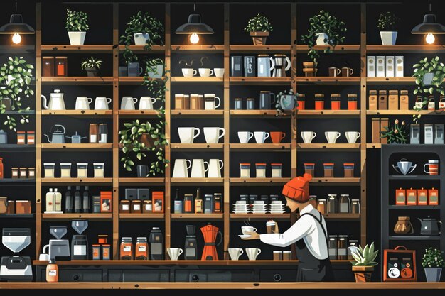 Barista in a Cozy Cafe with Wooden Shelves and Warm Lighting