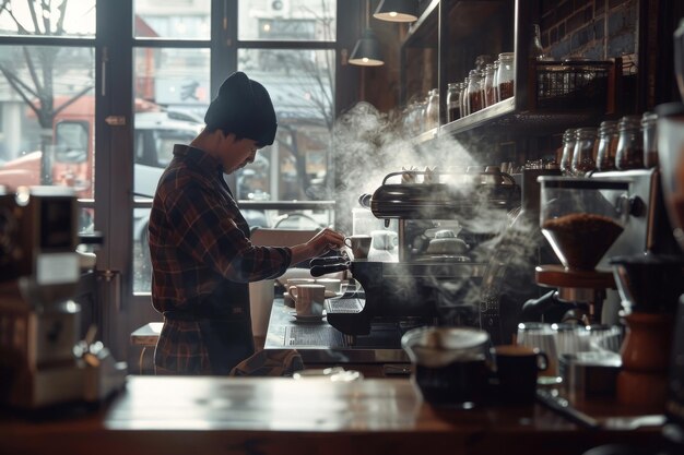 A barista crafting latte art in a cozy cafe