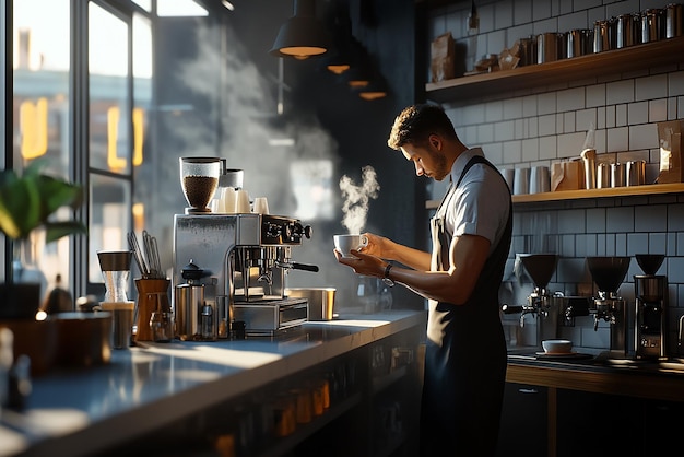 Barista Creating Latte Art in Trendy Coffee Shop