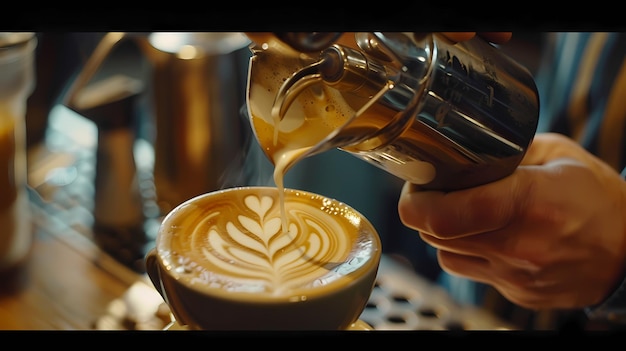 Barista creating rosetta latte art closeup action shot bottom third clear